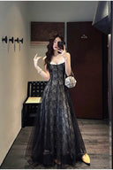 Vogsion Mara Maxi Dress in Black Lace Tulle – Spaghetti Strap Prom Wedding Guest Maxi Dress – Real Customer Photo