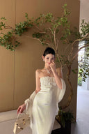 Vogsion Celeste Ivory Satin Cape Gown – Strapless Beaded Bodice Column Maxi