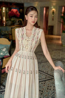 Vogsion Lysandra Botanical Lattice Embroidered Midi Dress in Ivory with Pink Floral Embroidery - High-end Renaissance Lace Style for Petite Women.
