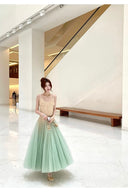Vogsion Mint Draped Lace Maxi Dress – real customer wearing mint green tulle fairy core prom and wedding guest gown with lace bodice, authentic photos not from professional models, global fast shipping 2026