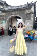 Vogsion Lemon Yellow Bloom Ruffle Maxi Dress