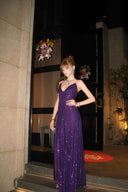 Vogsion Nocturne Sculpted Sequin Maxi Gown purple deep v neckline lace up back floor length evening dress