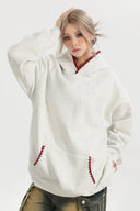 Vogsion Streetwear Patchwork Logo Embroidery Loose Fit Fleece Hooded Sweatshirt