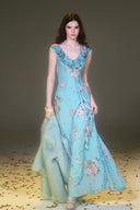 Vogsion Sky Blue Pink Rose Floral Chiffon Ruffle Maxi Dress (2026 Summer Collection)