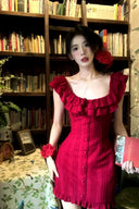 Crimson Ruffled Button-Down Dress