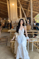 vogsion white camellia moonlight maxi dress with v-neck and spaghetti straps, ethereal summer fairy style long dress