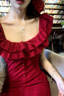 Crimson Ruffled Button-Down Dress