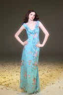 Vogsion Sky Blue Pink Rose Floral Chiffon Ruffle Maxi Dress (2026 Summer Collection)