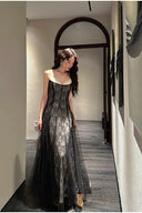 Vogsion Mara Maxi Dress in Black Lace Tulle – Spaghetti Strap Prom Wedding Guest Maxi Dress – Real Customer Photo