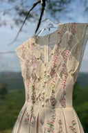 Vogsion Lysandra Botanical Lattice Embroidered Midi Dress in Ivory with Pink Floral Embroidery - High-end Renaissance Lace Style for Petite Women.