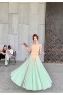 Vogsion Mint Draped Lace Maxi Dress – real customer wearing mint green tulle fairy core prom and wedding guest gown with lace bodice, authentic photos not from professional models, global fast shipping 2026