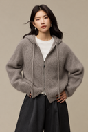 Wool–Silk–Cashmere Hooded Cardigan — Sage Green, Grey & Blue