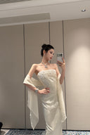 Vogsion Celeste Ivory Satin Cape Gown – Strapless Beaded Bodice Column Maxi