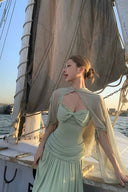 Vogsion Sage Green Ruched Bow Front Maxi Vacation Dress with Shawl on sailboat worn by real customer
