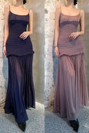 Vogsion OUDE 100% Silk Smocked Pleated Maxi Dress in Smoke Lavender or Soft Pink – real Vogsion customer wearing elegant spaghetti strap silk maxi with smocked bodice, ruffle trim and flowing pleated skirt, global fast shipping