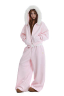 Vogsion "Cloud-Soft" Baby Pink Set: Fur-Trimmed Zip Hoodie & Statement Wide-Leg Joggers