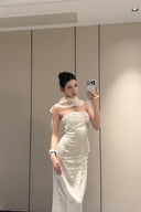 Vogsion Celeste Ivory Satin Cape Gown – Strapless Beaded Bodice Column Maxi