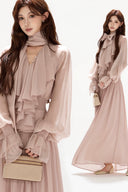Vogsion blush chiffon maxi dress long sleeve ruffle elegant flowing gown front view