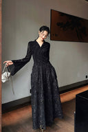 Vogsion Modest Embellished Sequin Beaded A-Line Maxi Dress in rich chocolate brown / blush pink / jet black – elegant long sleeve sequin lace gown with collar and bead details, worn by real customer not professional model, perfect for wedding guest prom evening 2026 trends with global fast shipping