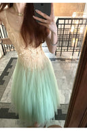 Vogsion Mint Draped Lace Maxi Dress – real customer wearing mint green tulle fairy core prom and wedding guest gown with lace bodice, authentic photos not from professional models, global fast shipping 2026