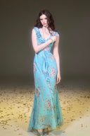 Vogsion Sky Blue Pink Rose Floral Chiffon Ruffle Maxi Dress (2026 Summer Collection)