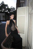 Vogsion Noir Eclipse Sheer Halter Maxi Dress black sheer panel elegant evening gown for formal events
