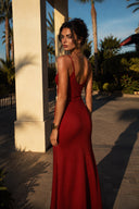 Vogsion Last Sunset Rosette Linen Slip Dress back view featuring an open-back red linen slip maxi dress with adjustable straps, soft draped linen fabric, elegant resort evening look, breathable summer linen dress, minimalist luxury fashion, vacation outfit, destination wedding guest dress, French Riviera aesthetic.