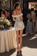 Back view of grey chiffon wedding after-party mini dress with zipper closure