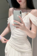 Vogsion Signature Pleated Draped Shoulder Dress in Ivory