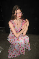 Vogsion Sky Blue Pink Rose Floral Chiffon Ruffle Maxi Dress worn by real customer in studio