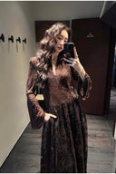Vogsion Modest Embellished Sequin Beaded A-Line Maxi Dress in rich chocolate brown / blush pink / jet black – elegant long sleeve sequin lace gown with collar and bead details, worn by real customer not professional model, perfect for wedding guest prom evening 2026 trends with global fast shipping
