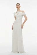 Vogsion Signature Pleated Draped Shoulder Dress in Ivory – elegant white pleated draped shoulder maxi dress worn by real customer, off shoulder formal evening gown 2026 trend