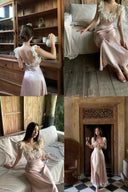 Woman in Vogsion Sunset Aurelia Lace-Trimmed Liquid Satin Gown – Champagne Pink Resort Maxi Slip Dress in various settings including a bedroom and a room with wooden paneling.