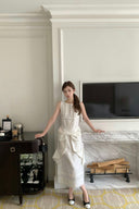 Vogsion Shushu White Linen Statement Bow Petite Midi Dress