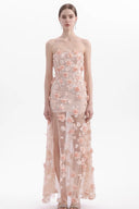 Vogsion Odette Blush Pink 3D Floral Applique Strapless Maxi Gown with High Slit Modeled Authentically by a Real Customer