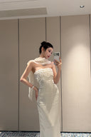Vogsion Celeste Ivory Satin Cape Gown – Strapless Beaded Bodice Column Maxi