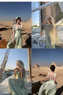 Vogsion Sage Green Ruched Bow Front Maxi Vacation Dress with Shawl on sailboat worn by real customer