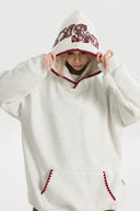 Vogsion Streetwear Patchwork Logo Embroidery Loose Fit Fleece Hooded Sweatshirt