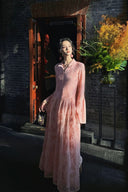 Vogsion Modest Embellished Sequin Beaded A-Line Maxi Dress in rich chocolate brown / blush pink / jet black – elegant long sleeve sequin lace gown with collar and bead details, worn by real customer not professional model, perfect for wedding guest prom evening 2026 trends with global fast shipping