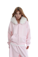 Vogsion "Cloud-Soft" Baby Pink Set: Fur-Trimmed Zip Hoodie & Statement Wide-Leg Joggers
