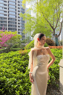 Vogsion Celeste Ivory Satin Cape Gown – Strapless Beaded Bodice Column Maxi