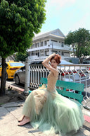 Vogsion Mint Draped Lace Maxi Dress – real customer wearing mint green tulle fairy core prom and wedding guest gown with lace bodice, authentic photos not from professional models, global fast shipping 2026