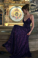 Vogsion Nocturne Sculpted Sequin Maxi Gown purple deep v neckline lace up back floor length evening dress