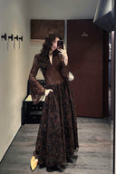 Vogsion Modest Embellished Sequin Beaded A-Line Maxi Dress in rich chocolate brown / blush pink / jet black – elegant long sleeve sequin lace gown with collar and bead details, worn by real customer not professional model, perfect for wedding guest prom evening 2026 trends with global fast shipping