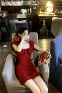 Crimson Ruffled Button-Down Dress
