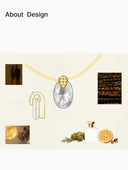 Gold necklace with a large gemstone on a light background, surrounded by small images and objects.