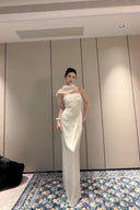 Vogsion Celeste Ivory Satin Cape Gown – Strapless Beaded Bodice Column Maxi