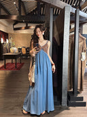 Vogsion Bohemian Denim Maxi Dress – Vintage Floral Patchwork Vacation Slip Dress