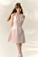 Blush Pink Bow Halter Mini Dress – Elegant Birthday, Date & Party Outfit