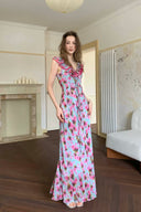 Vogsion Sky Blue Pink Rose Floral Chiffon Ruffle Maxi Dress worn by real customer by fireplace